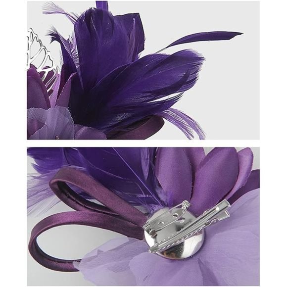 WOMEN'S Fascinator Feather Tea Party Hat N-Purple - Picture 4 of 7